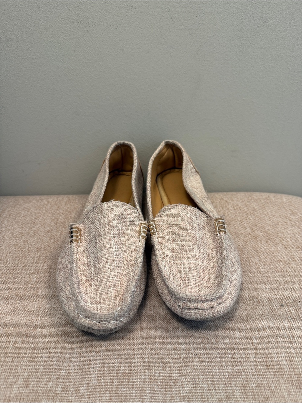 Textured Beige Women's Loafers with Subtle Metal Accent